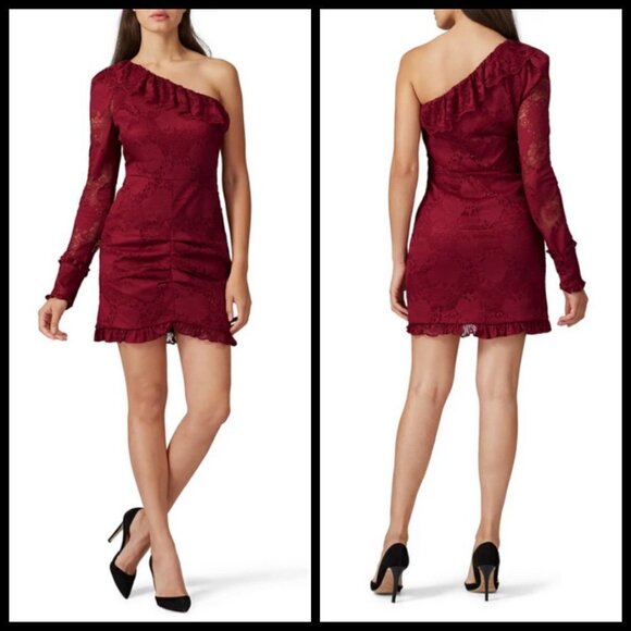 💕ALEXIS💕 Ilana Lace Long Sleeve Dress ~ Dark Red XS One Shoulder Sheath Dress - Picture 1 of 14